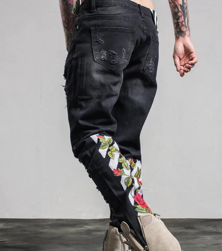 Rose Embroidered Ripped Denim Jeans