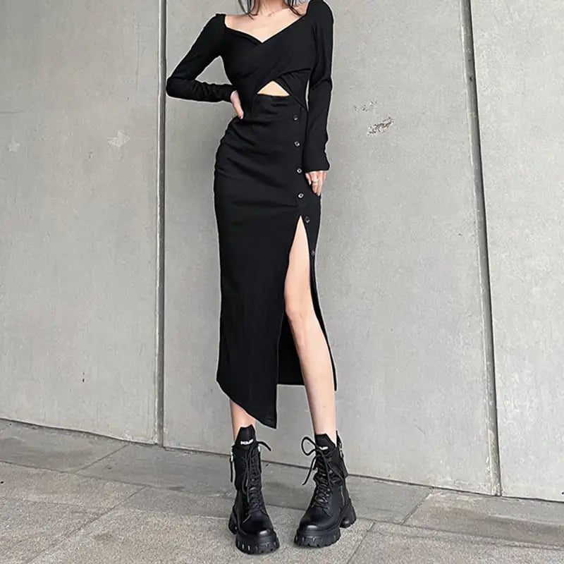 Slit-Breasted Knit Long Dress for Women Fashion