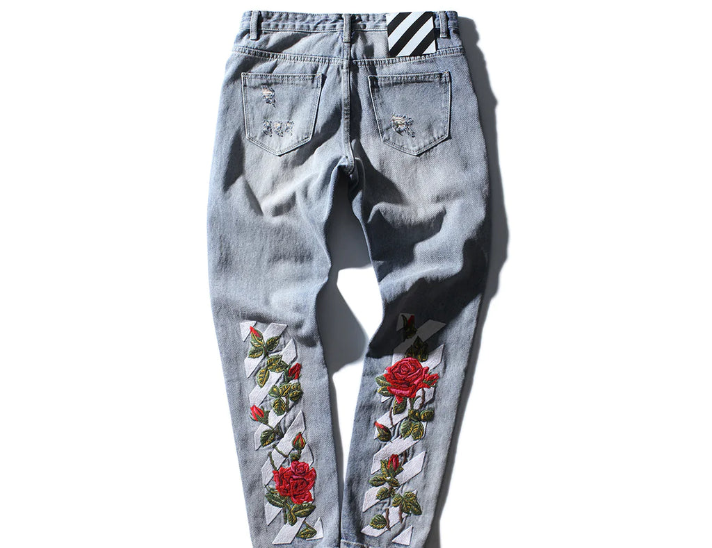 Rose Embroidered Ripped Denim Jeans