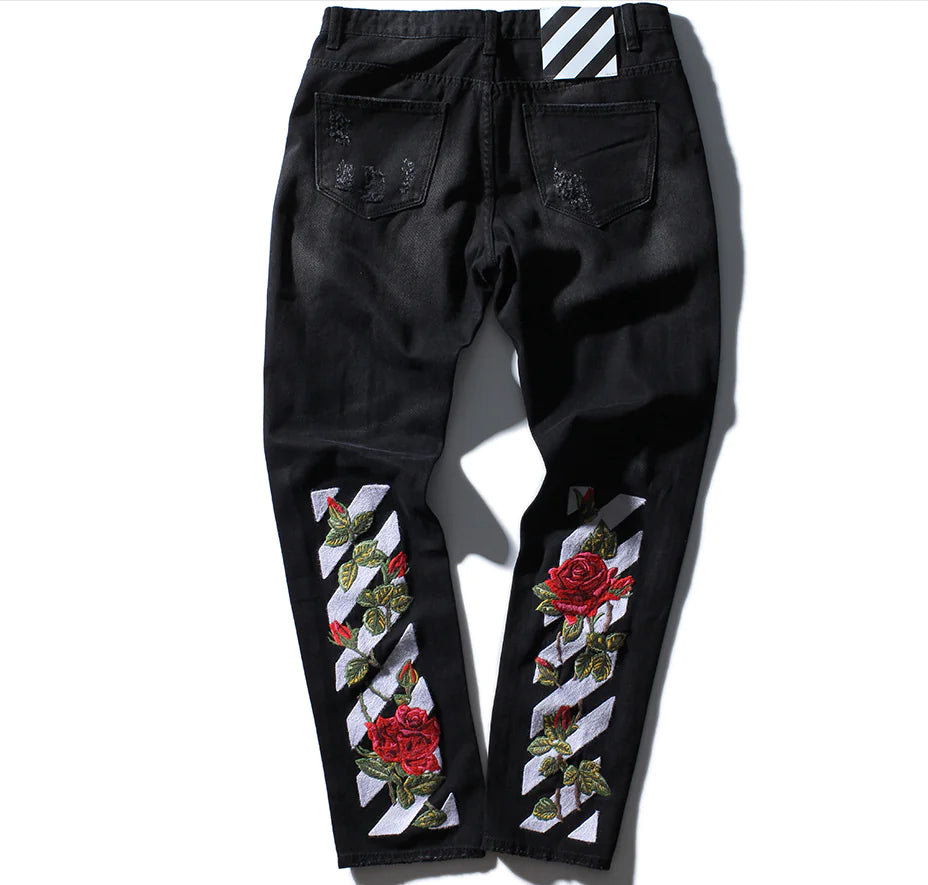 Rose Embroidered Ripped Denim Jeans