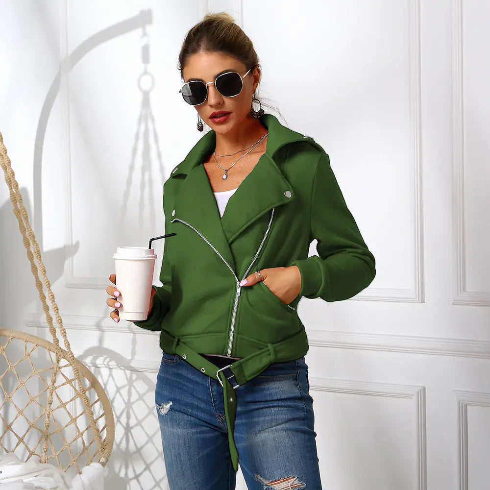 Women's Hoodie Motorcycle Jacket with Oblique Zipper