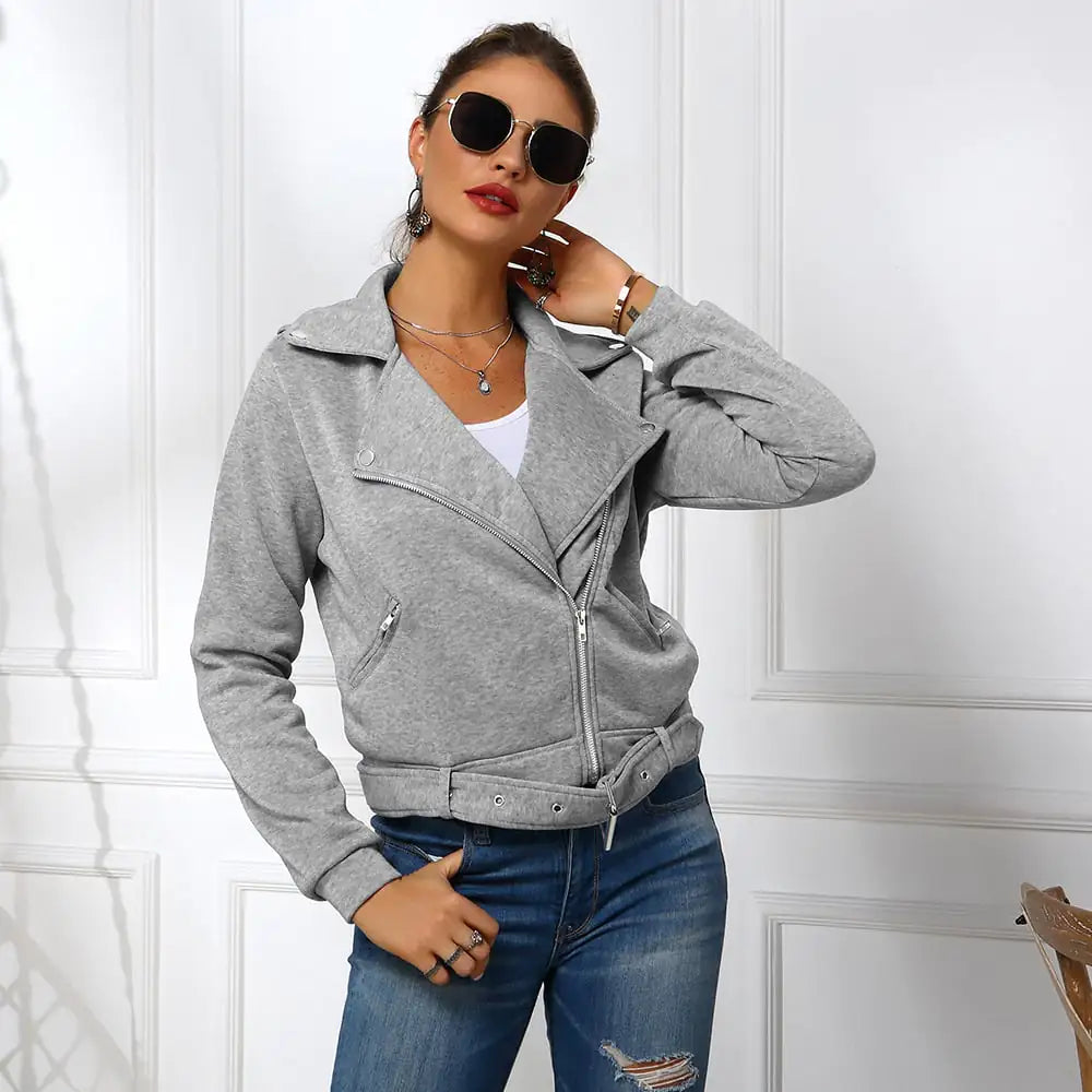 Women's Motorcycle Hoodie with Oblique Zipper Jacket