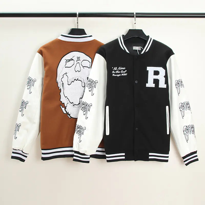 Skull Embroidery Leather Sleeve Baseball Jacket for All