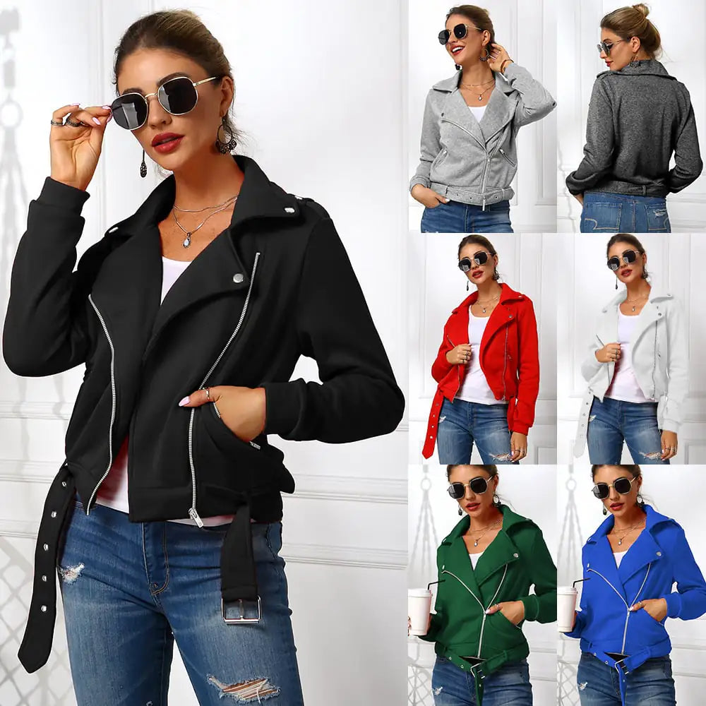 Women's Hoodie Motorcycle Jacket with Oblique Zipper