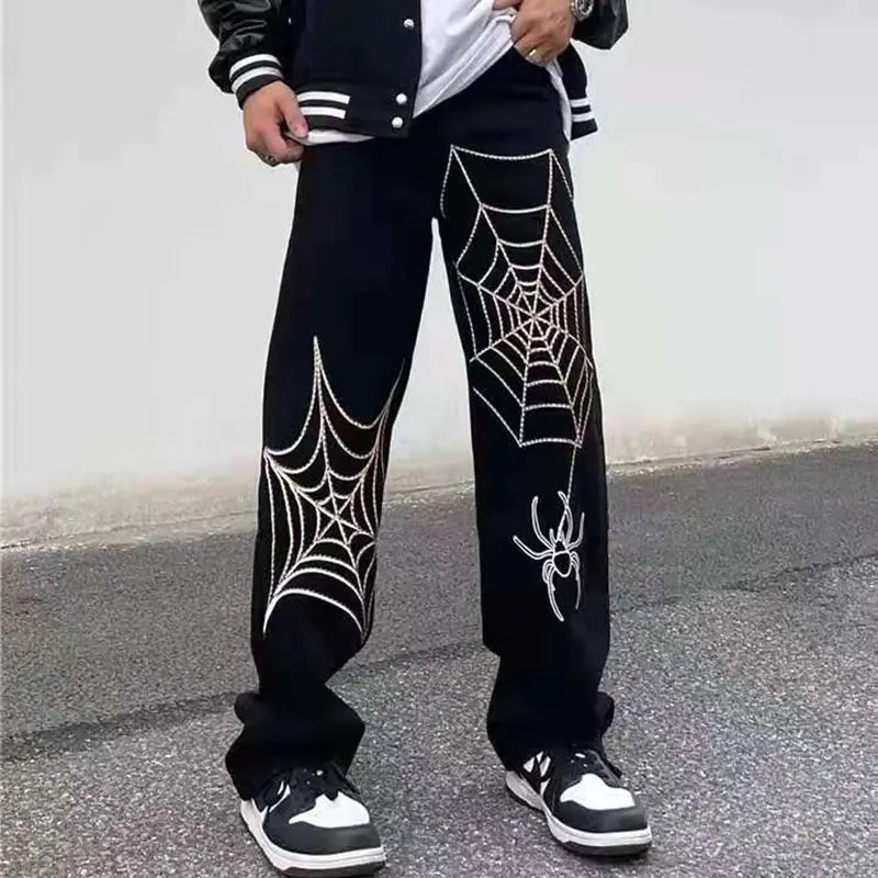 Spider Web Embroidered Oversized Casual Jeans for All