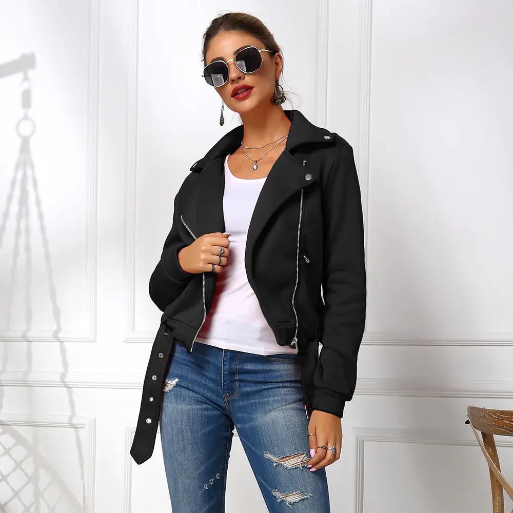 Women's Hoodie Motorcycle Jacket with Oblique Zipper
