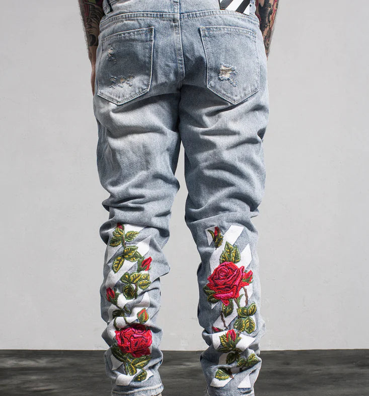 Rose Embroidered Ripped Denim Jeans